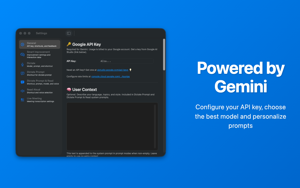 Powered by Gemini: cloud transcription and settings